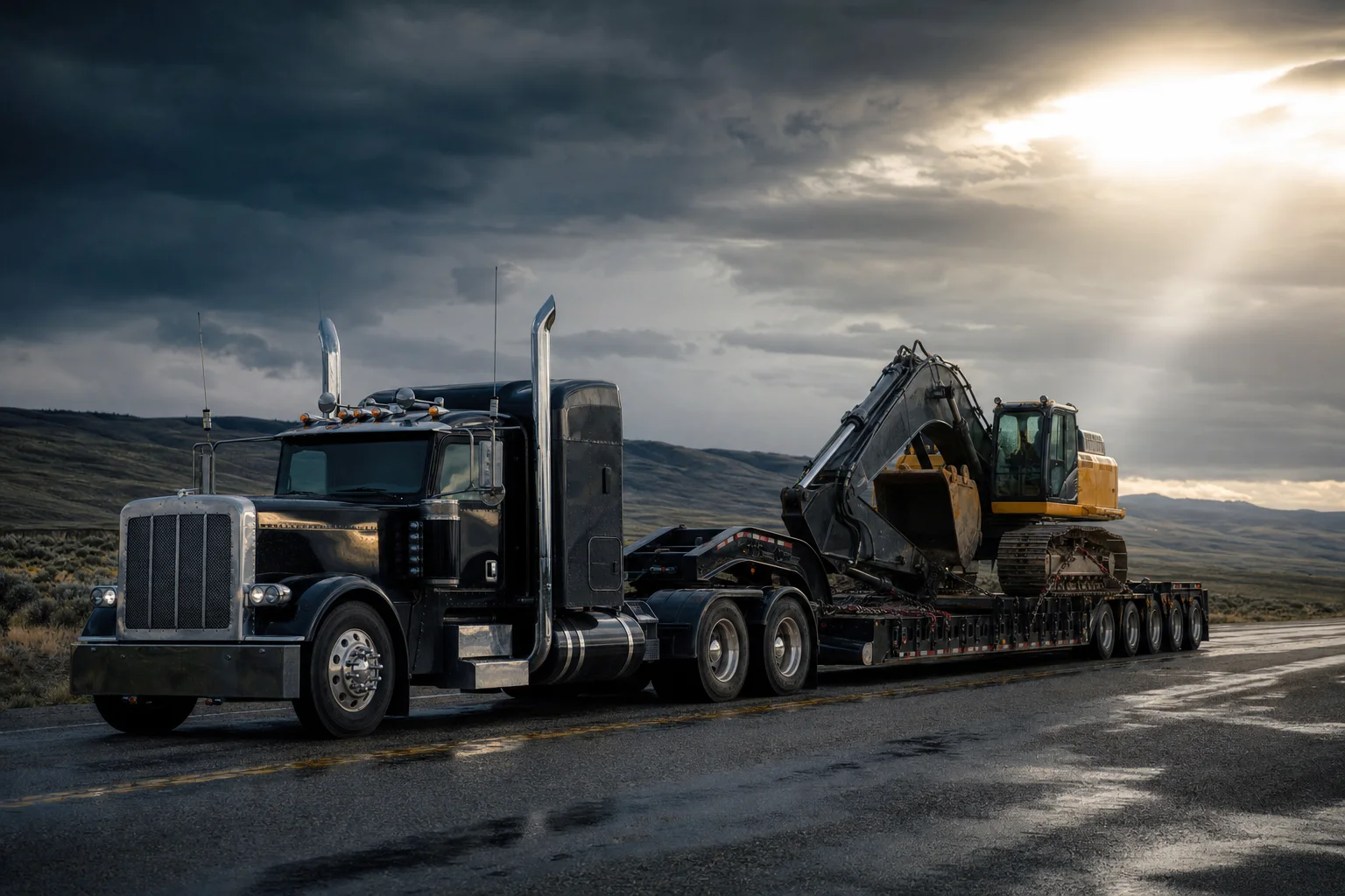 RGN lowboy hauling a tracked excavator under breaking storm light