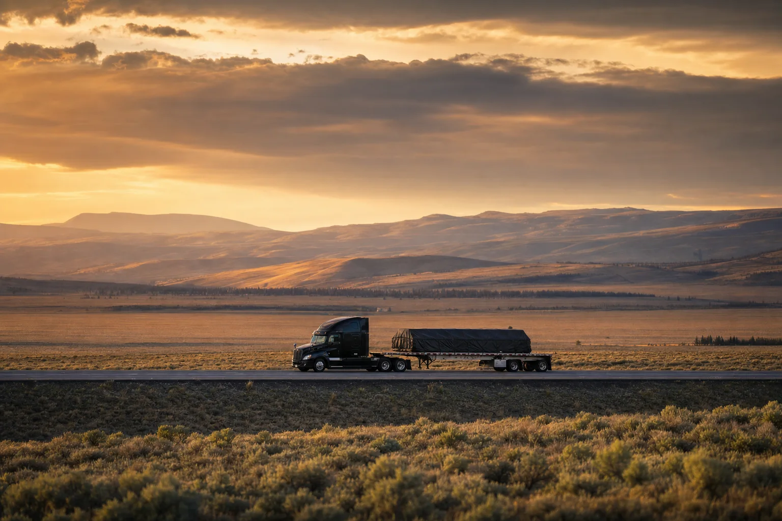 Flatbed with a tarped load crossing a golden valley highway