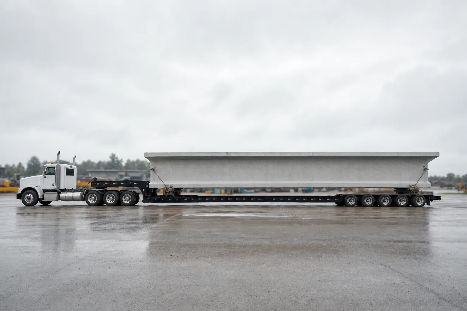 Over-width precast concrete bridge beam on an extendable lowboy trailer