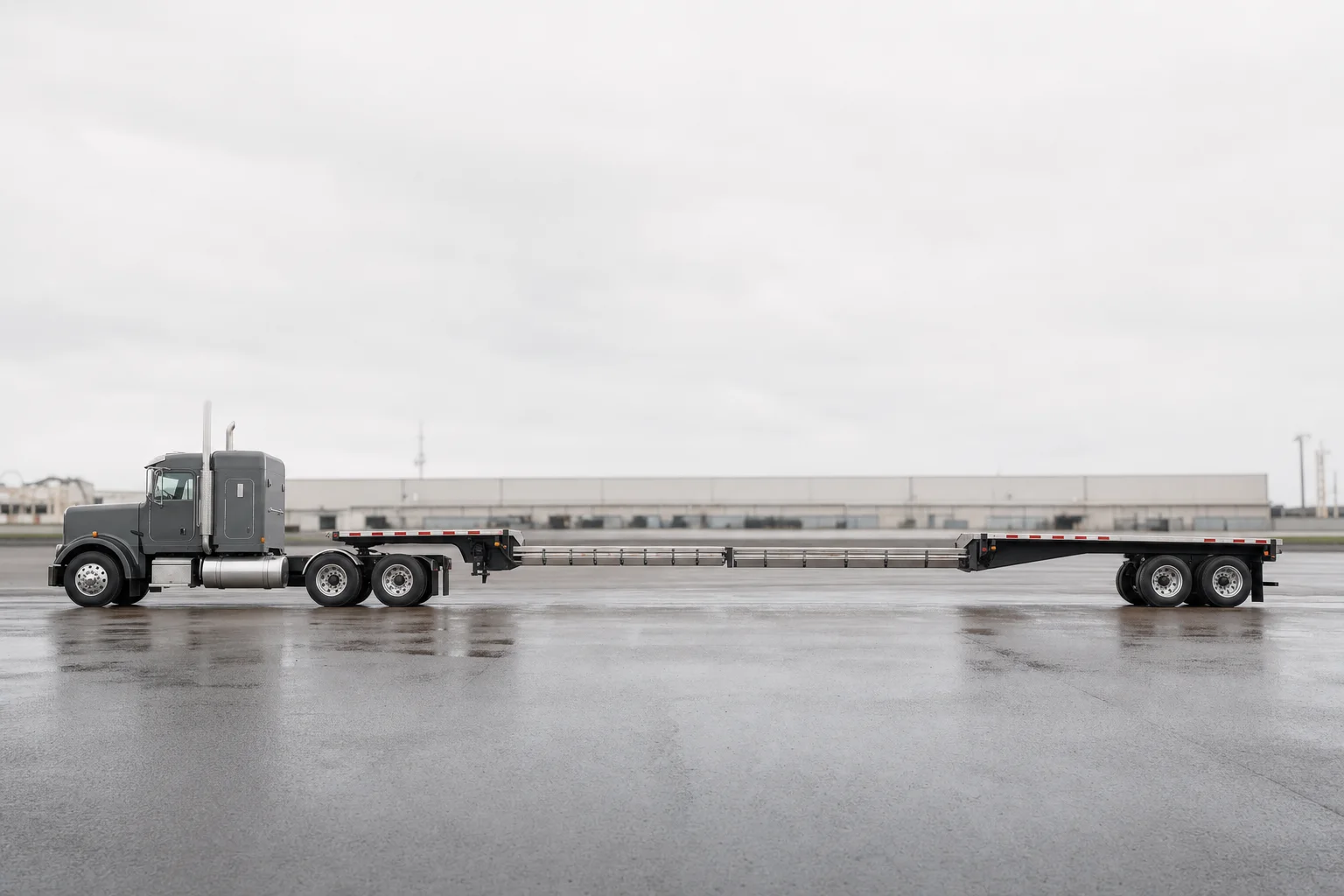 Extendable stretch flatbed trailer extended to double length, side profile