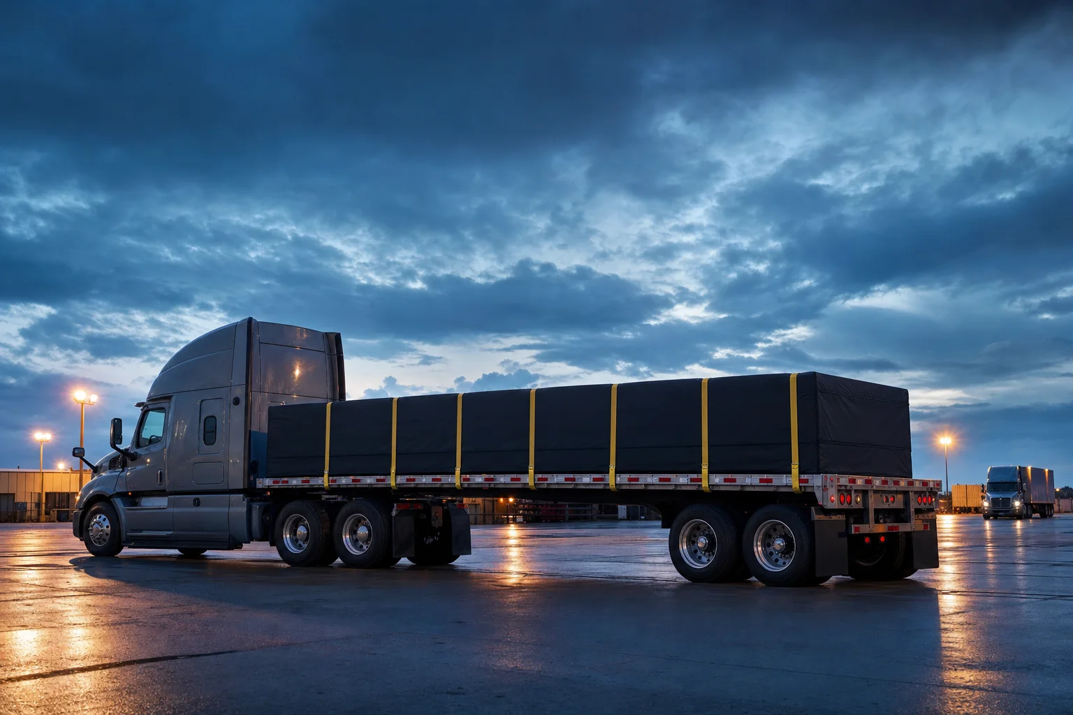 Loaded flatbed rig staged in a freight yard at blue hour