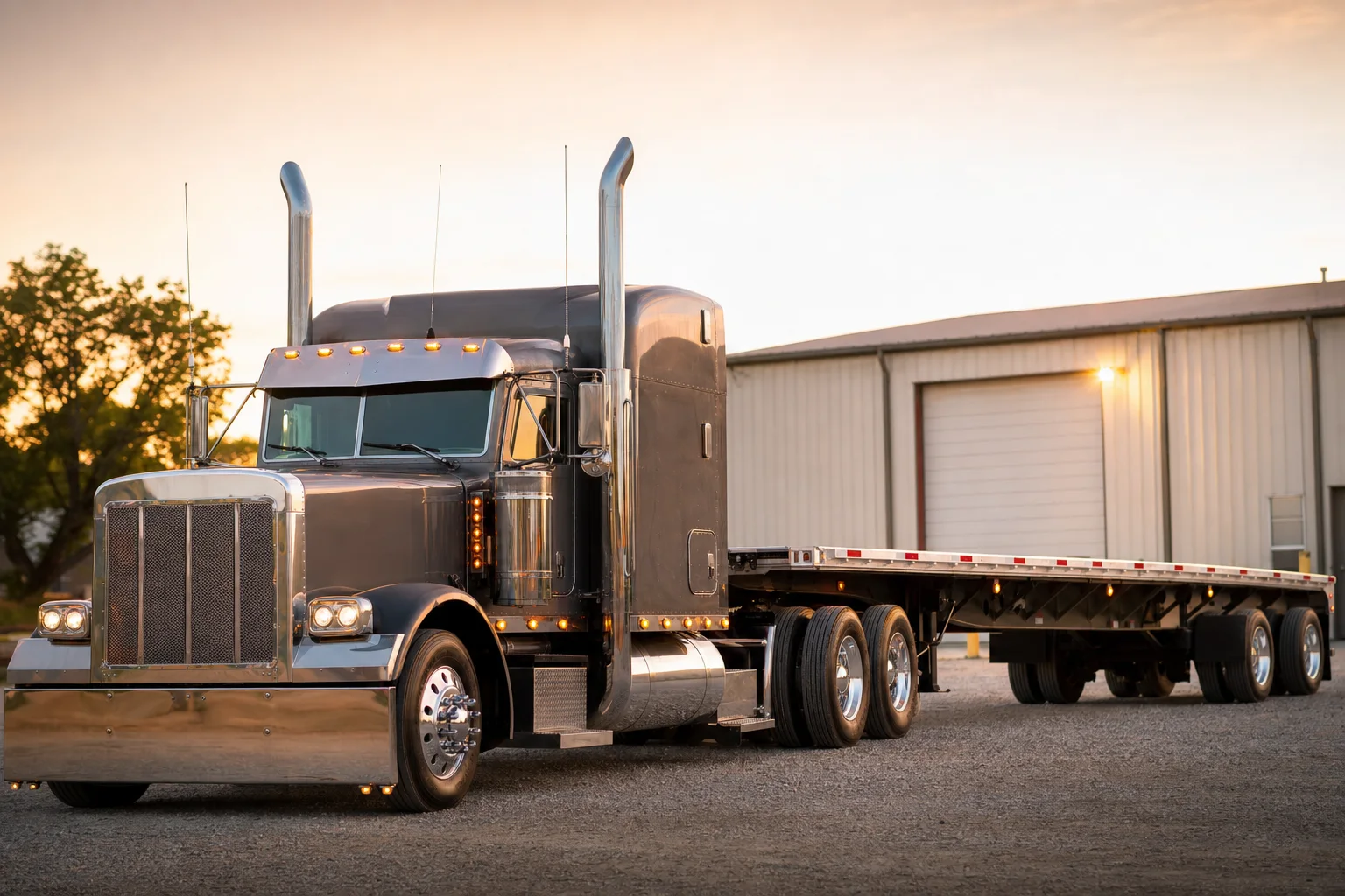 Owner operator rig with an empty flatbed parked at a shop at first light